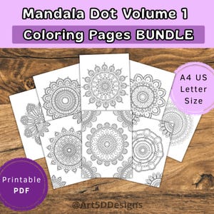 Può includere: Un pacchetto di pagine da colorare con punti mandala. Le pagine presentano intricati disegni circolari in bianco e nero. Il testo sull'immagine recita "Mandala Dot Volume 1 Coloring Pages BUNDLE", "PDF stampabile" e "Formato A4 US Letter".