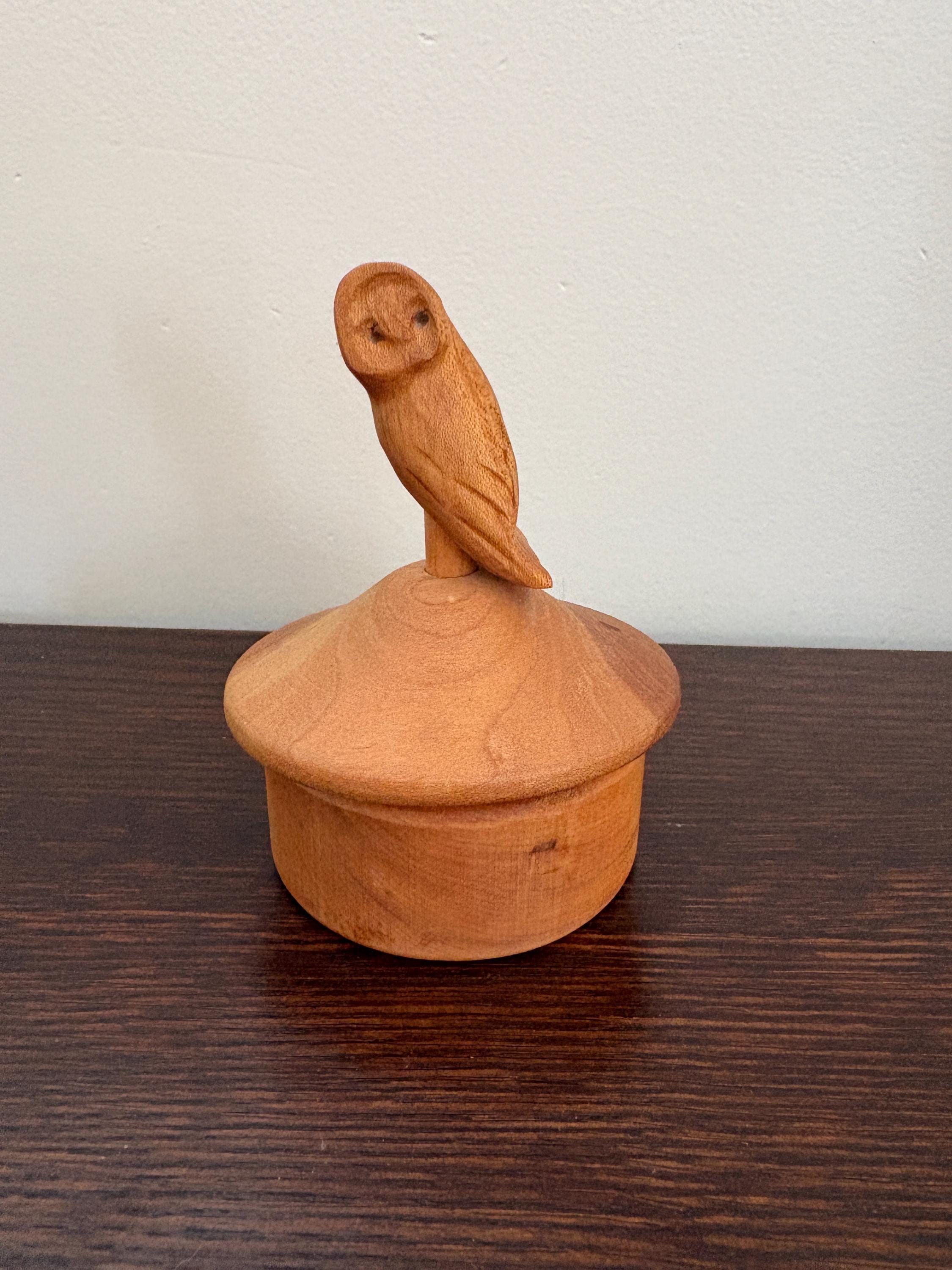 Small wooden trinket box with owl topper.
