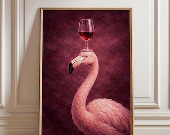 Lustiger Flamingo Wand-Kunst-Druck, Wein-Liebhaber-Tierplakat, schrulliges Bar Dekor
