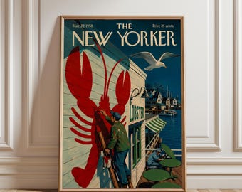 Lobster Coastal Wall Art Print, Vintage New Yorker Poster, Nautical Beach House Decor, Seafood Harbor Artwork