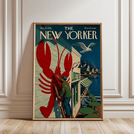 Lobster Coastal Wall Art, Vintage New Yorker Poster, Nautical Beach House Decor, Seafood Harbor Artwork