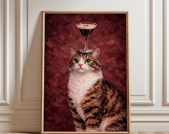Lustiges Katzen-Cocktail-Wandbild, Espresso Martini-Katzenplakat, schrulliges Tier-Bardekor