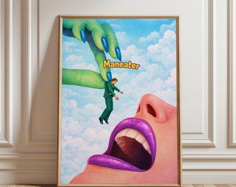 Arte mural feminista surrealista, póster de devoradora de hombres, lámina de empoderamiento femenino.