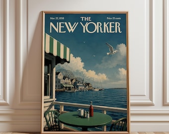 Póster estilo neoyorquino costero, arte mural vintage junto al mar, decoración náutica para casa de playa, obra de arte retro de puerto.