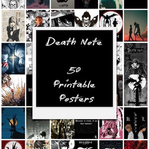 Puede incluir: Una colección de 50 carteles imprimibles de Death Note. Los carteles presentan varios personajes y escenas de la serie de anime y manga, con un fondo negro y texto blanco. Los carteles son de varios estilos.