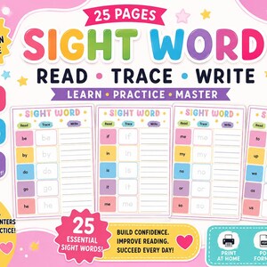 May include: A 25-page educational sight word worksheet set featuring read, trace, and write columns. The colorful design includes a cartoon pencil, stars, and hearts on a pink background. Text includes SIGHT WORD, READ, TRACE, WRITE, and LEARN.