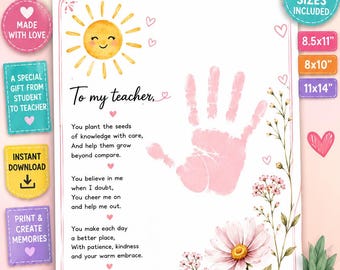 Manualidad imprimible con huellas de manos para agradecer al maestro, regalo de agradecimiento del alumno, recuerdo de fin de año para preescolar y jardín de infantes, 3 tamaños.