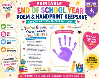 Einde schooljaar gedicht en handafdruk aandenken afdrukbaar, kleuterschool afstudeercadeau van leraar aan leerling, pdf herinnering ambachtelijke kleuterschool
