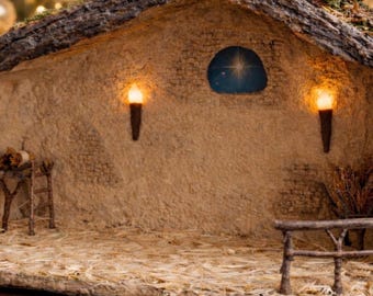 Handcrafted Lighted Nativity Stable, Rustic Wooden Creche, One of a Kind Christmas Display, Illuminated Manger