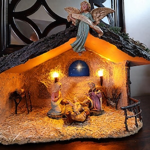 Handcrafted Nativity Stable with LED Light, Rustic Nativity Creche, Handmade Christmas Manger, Nativity Scene for 4–6 Inch Figures