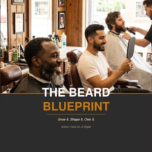 Könnte beinhalten: Szene in einem Friseursalon mit drei Männern. Der Text "THE BEARD BLUEPRINT" wird angezeigt. Das Bild enthält den Text "Grow It. Shape It. Own It." und "Author: Vault Co. & Digital."