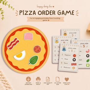 Puede incluir: Un juego de pedidos de pizza imprimible que incluye una base de pizza redonda amarilla con borde rojo y varios ingredientes como tocino, jamón, pepperoni, huevo y espinacas. Cuatro tarjetas rectangulares muestran listas de ingredientes.