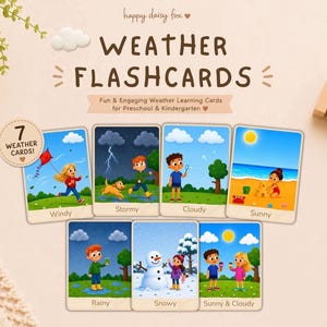 Puede incluir: Un conjunto de siete tarjetas didácticas sobre el clima con ilustraciones coloridas de niños en diversas condiciones meteorológicas. Cada tarjeta muestra un tipo de clima etiquetado como Windy, Stormy, Cloudy, Sunny, Rainy, Snowy y Sunny & Cloudy. El texto "WEATHER FLASHCARDS" aparece arriba.