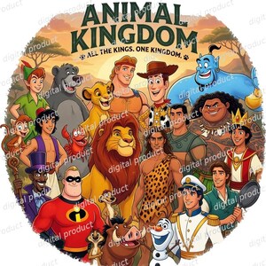 Może przedstawiać: Okrągły nadruk graficzny z napisem ANIMAL KINGDOM ALL THE KINGS. ONE KINGDOM. przedstawiający kolorową ilustrację różnych animowanych postaci, w tym lwa, niedźwiedzia, dżina, kowboja, bałwana i superbohatera w scenerii sawanny.