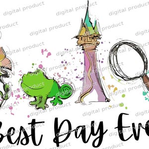 Peut inclure: Une illustration numérique représentant une fleur jaune, un caméléon vert, une haute tour à base violette et une loupe. Le texte "Best Day Ever" est écrit en écriture noire en bas, agrémenté d'éclaboussures de peinture colorées.