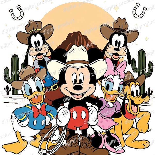 Mickey Mouse vaquero PNG, imágenes prediseñadas de Mickey Mouse vaquero, diseño de sublimación de Mickey Mouse, Mickey Mouse retro DTF, descarga digital de Howdy Mickey
