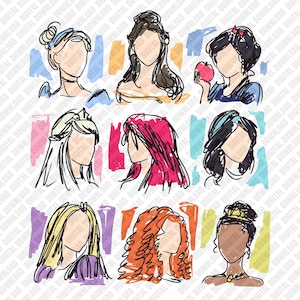 Puede incluir: Nueve ilustraciones de personajes femeninos en arte lineal con varios peinados y trazos de fondo coloridos. Los dibujos son de estilo minimalista, dejando en blanco la cara de cada personaje. La imagen tiene una estética de arte digital.