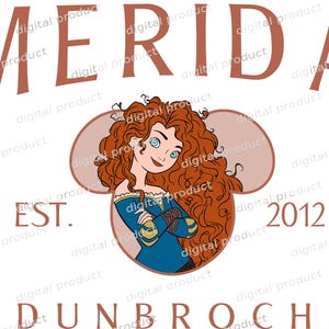 May include: A digital graphic featuring the name MERIDA in large brown letters above a cartoon illustration of a character with long curly red hair and a blue dress, centered inside a brown outline, with EST. 2012 and DUNBROCH below.