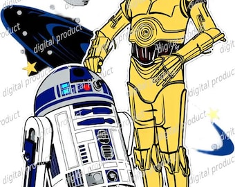 Star Wars PNG Digital Download, R2D2 and C3PO Clipart, Cartoon Droid Sublimation Design, Sci Fi DTF File, Retro Space Droids Art