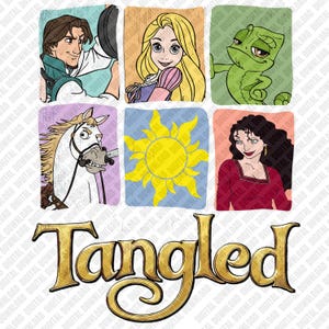 May include: A collage featuring characters from the animated film "Tangled." The images include Rapunzel, Flynn Rider, Pascal the chameleon, Maximus the horse, Mother Gothel, and a sun symbol. The word "Tangled" is written in gold script below.