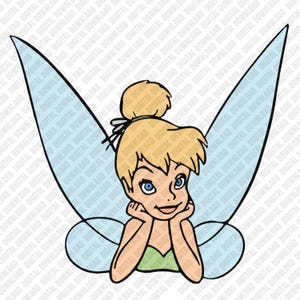 May include: A cartoon illustration of Tinkerbell, a fairy character with blonde hair, blue eyes, and light blue wings. She is depicted with her hands under her chin, wearing a green dress. The image has a white background.
