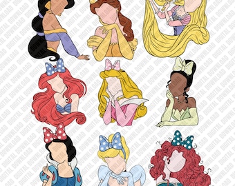 Disney Princess PNG, Klipart z Księżniczką Bez Twarzy, Sublimacja z Księżniczką z Kreskówek, Disney Digital Download, Portret Bez Twarzy DTF