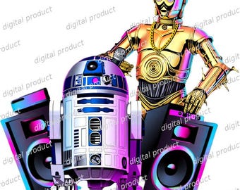 Star Wars PNG, R2D2 C3PO Sublimation, Retro DJ Clipart, Hip Hop Star Wars Download, Pop Art Music Design, Retro Sci Fi DTF Transfer