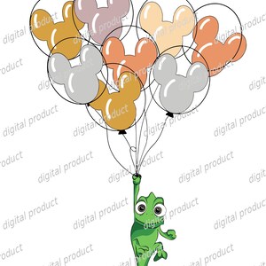 Könnte beinhalten: Ein grünes Chamäleon, das an einem Bündel transparenter Luftballons hängt, die jeweils eine einfarbige, mausförmige Silhouette in Gelb-, Grau-, Orange- und gedeckten Rosatönen enthalten. Die Ballons sind mit dünnen schwarzen Schnüren verbunden.