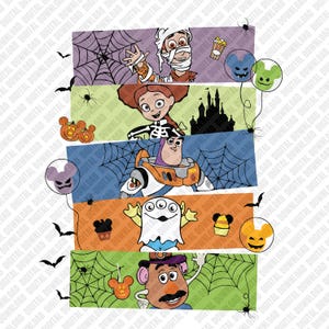 Puede incluir: Gráfico colorido de Halloween con personajes de Toy Story disfrazados, incluyendo a Woody y Buzz Lightyear. El diseño incorpora murciélagos, arañas y calabazas con forma de Mickey Mouse. Fondo dividido en secciones horizontales.