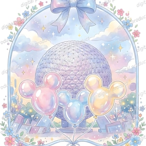May include: A digital illustration featuring a large geodesic sphere structure framed by a light blue border with a bow at the top. Three pastel-colored balloons shaped like mouse heads in pink, blue, and yellow float in front of the sphere.