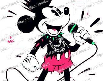Punk Rockstar Mickey Mouse PNG, Retro Mickey Mouse Sublimation Design, Edgy Mickey Clipart Download, Punk Rock Mickey DTF Transfer