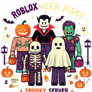 May include: A digital illustration featuring block-style characters dressed as a pumpkin, vampire, skeleton, ghost, and zombie. The text reads ROBLOX WEEN NIGHT and SPOOKY SERVER. Includes pumpkins, bats, ghosts, and a tombstone with 001010 R.I.P.