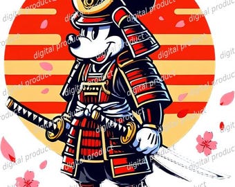 Samurai Mickey Mouse PNG, Japanese Anime Mickey Clipart, Mickey Mouse Sublimation Download, Cartoon Samurai Mickey DTF Design