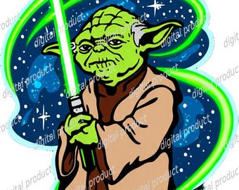 Yoda PNG Digital Download, Star Wars Clipart Graphic, Jedi Sublimation Design, Cartoon Yoda DTF File, Lightsaber PNG Sublimation