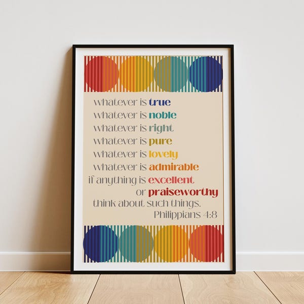 lo que sea... piensen en tales cosas Filipenses 4:8; Lámina decorativa con versículo bíblico; diseño bohemio; tipografía; póster cristiano; regalo para cristianos