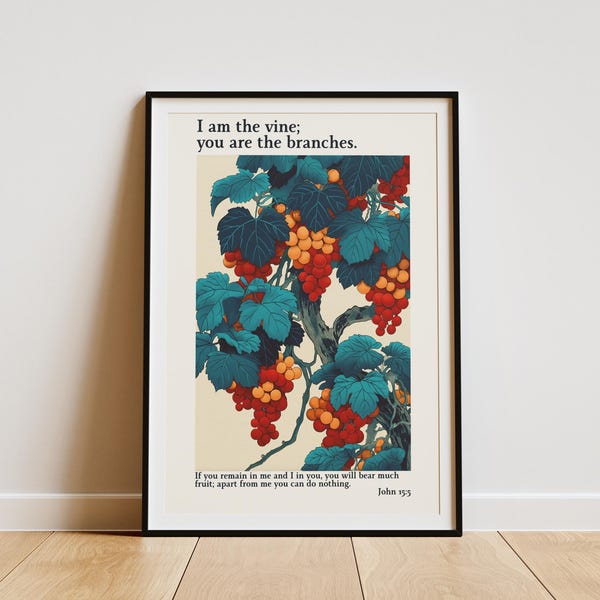 Yo soy la vid, vosotros los pámpanos Juan 15:5; Lámina decorativa con versículo bíblico; Póster cristiano; Ilustración botánica japonesa vintage; Regalo