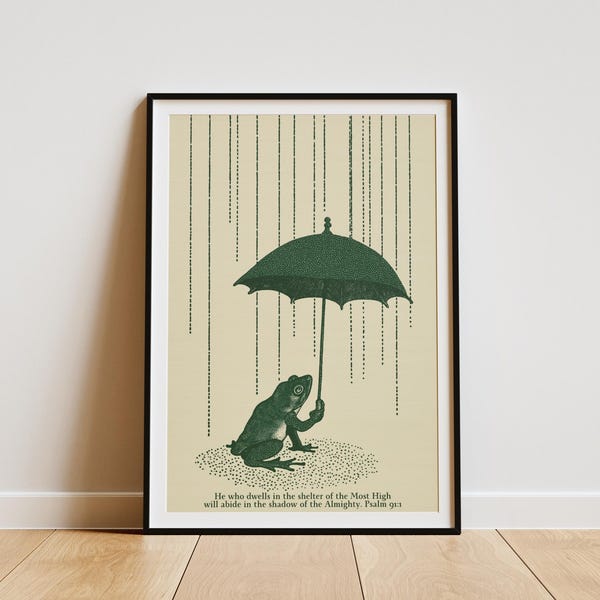 El que habita al abrigo del Altísimo Salmo 91:1; Lámina decorativa de pared con rana estilo xilografía japonesa; Póster con versículo bíblico; Regalo para cristianos