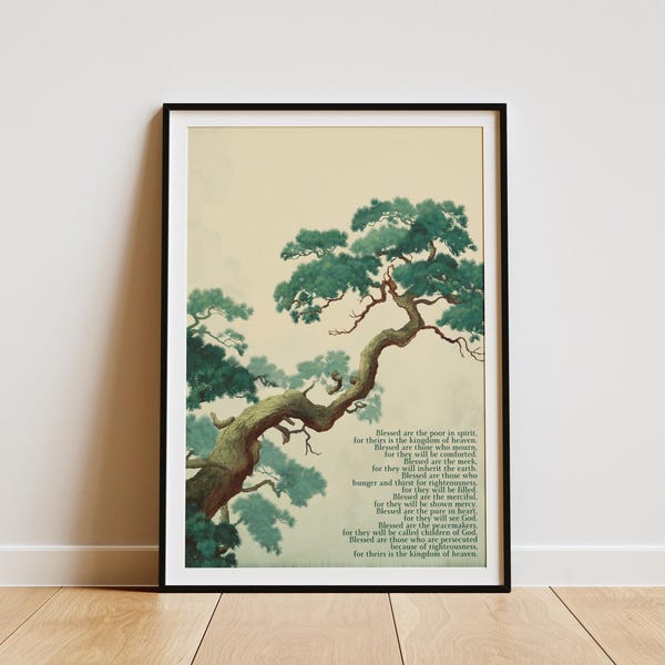 Bienaventuranzas Mateo 5:3-10; Lámina decorativa con versículo bíblico; Póster cristiano; Paisaje japonés vintage; Pino; Minimalista; Regalo para cristianos