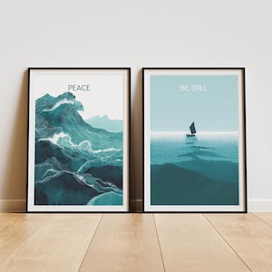 Frieden. Sei still. Markus 4:39; Set aus 2 Drucken; Bibel Vers Wand Kunst Druck; Christliches Plakat; modernes Design.