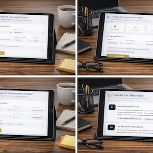 May include: Four tablets showing various interfaces, such as a marketing planner, conversion tracker, authorization tracker, and a guide. The tablets are on a wooden desk with a laptop, glasses, and coffee cups.
