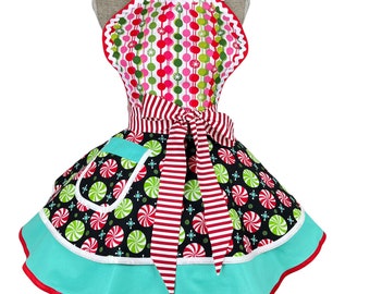 Christmas Apron for Women, Kitchen apron, Baking Apron, Apron for Cooking, Holiday Apron, Peppermint Apron