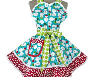 Christmas Apron for Women, Kitchen apron, Baking Apron, Apron for Cooking, Holiday Apron, Snowman Apron