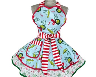 The Grinch Christmas Apron for Women, Kitchen apron, Baking Apron, Apron for Cooking, Holiday Apron, Peppermint Apron