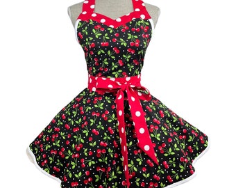 Kitchen Apron for Women, Cooking Apron, Baking Apron, Black Kitchen Apron, Cherries Apron, Cherry Apron