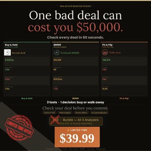 May include: A dark graphic with text about real estate investment. The headline reads "One bad deal can cost you $50,000." It includes sections for "Buy & Hold," "BRRRR," and "Fix & Flip" strategies, along with a limited-time offer for $39.99.