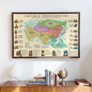 May include: A framed historical timeline map of Asia titled A HISTORICAL TIMELINE MAP OF ASIA FROM ANCIENT CIVILIZATIONS TO 21ST CENTURY. The map features color-coded regions, illustrations of historical landmarks, trade routes, and text descriptions.
