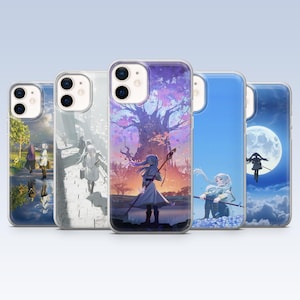 May include: Five phone cases with anime-style artwork. The designs include characters in scenic landscapes, a full moon, and a blue sky. Each case has a clear protective cover. The cases are designed for a mobile phone.