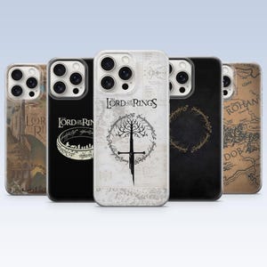 May include: A collection of five phone cases featuring designs inspired by The Lord of the Rings. The cases display various graphics, including maps, the One Ring, and the iconic tree and sword emblem, all in a range of colors.