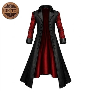 Handmade One Piece Full Length Gothic Black Leather Coat - Mihawk Style With Red Sleeves – Limited Edition , Gift For Him