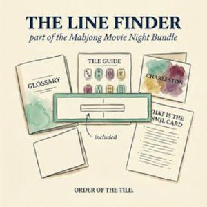 Puede incluir: Ilustración de un Mahjong Movie Night Bundle, que incluye un glosario, una guía de fichas y una tarjeta etiquetada como "Charleston". El elemento central es "THE LINE FINDER", con el texto "included" que apunta a una pieza rectangular. El texto "ORDER OF THE TILE" está en la parte inferior.
